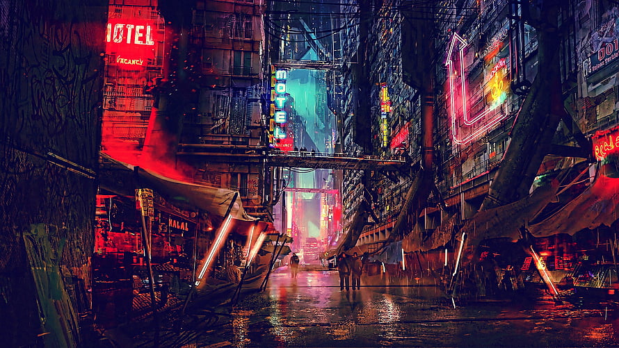 Neon-Lit Cyberpunk Alleyway with Rain-Soaked Streets and Glowing Signs HD wallpaper