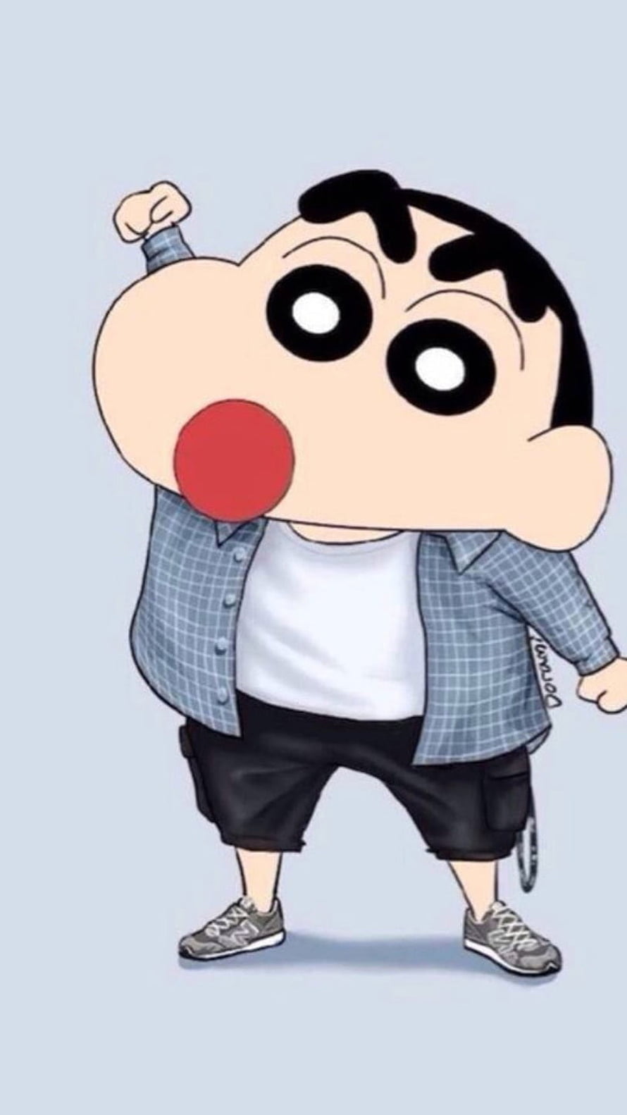 Shin-chan in a Plaid Shirt and Sneakers with a Red Bubble HD phone wallpaper
