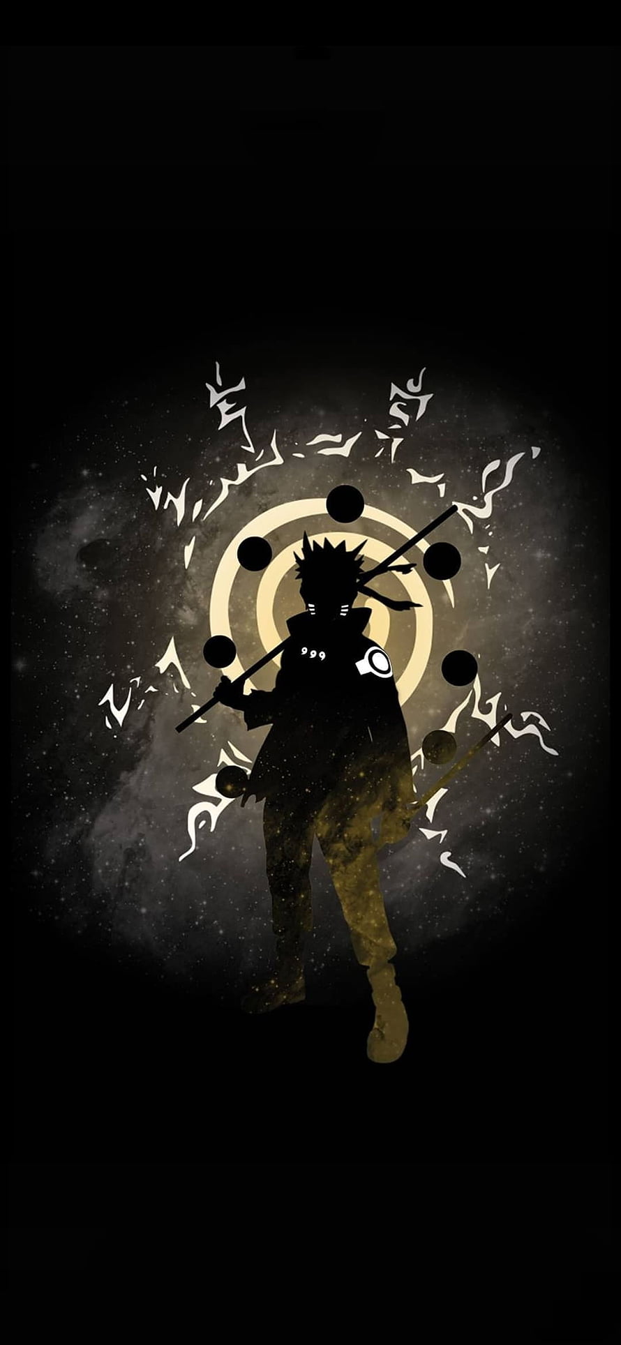 Naruto Silhouette with Rasengan and Chakra Orbs Against Dark Cosmic Background HD phone wallpaper