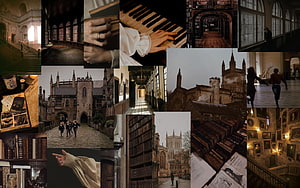 Dark Academia Aesthetic Collage Featuring Gothic Architecture, Old Books, and Vintage Library Interiors HD wallpaper