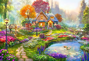 Enchanted Cottage Garden with Pond, Waterfall, and Vibrant Flowers in a Misty Forest HD wallpaper