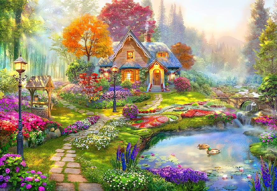 Enchanted Cottage Garden with Pond, Waterfall, and Vibrant Flowers in a Misty Forest HD wallpaper