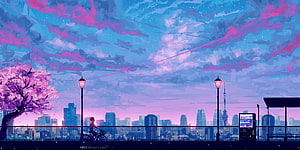 Anime Cityscape at Dusk with Cherry Blossoms and Tokyo Tower HD wallpaper