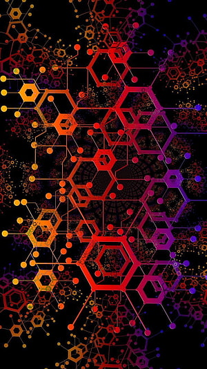 Vibrant Hexagonal Molecular Network with Neon Red and Purple Gradient on Black Background HD phone wallpaper