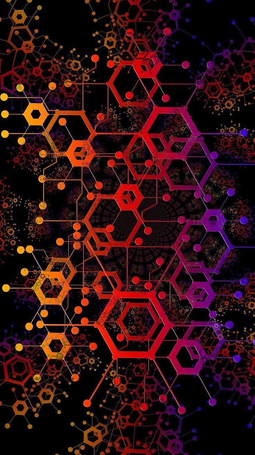 Vibrant Hexagonal Molecular Network with Neon Red and Purple Gradient on Black Background HD phone wallpaper