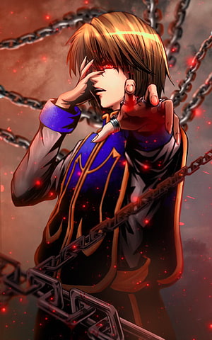 Kurapika from Hunter x Hunter with glowing red eyes and chains in dramatic anime art HD phone wallpaper