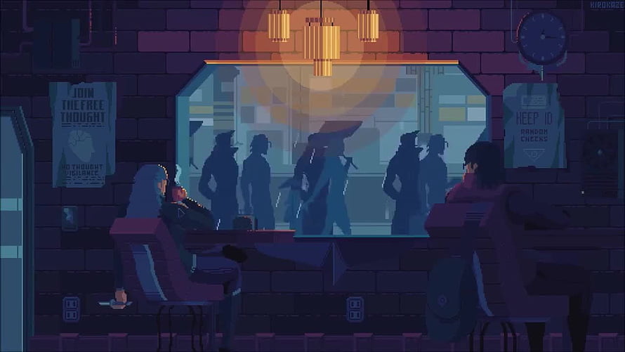 Pixel Art Cyberpunk Cafe Interior with Silhouetted Figures and Neon Lighting HD wallpaper