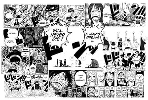 One Piece Manga Panel Collage Featuring Luffy and Crew in Dramatic Black and White Scenes HD wallpaper