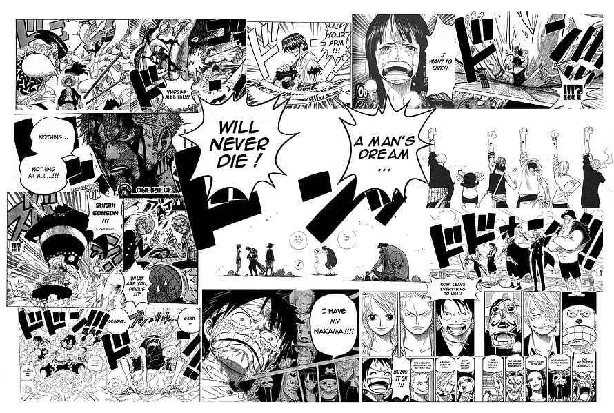 One Piece Manga Panel Collage Featuring Luffy and Crew in Dramatic Black and White Scenes HD wallpaper