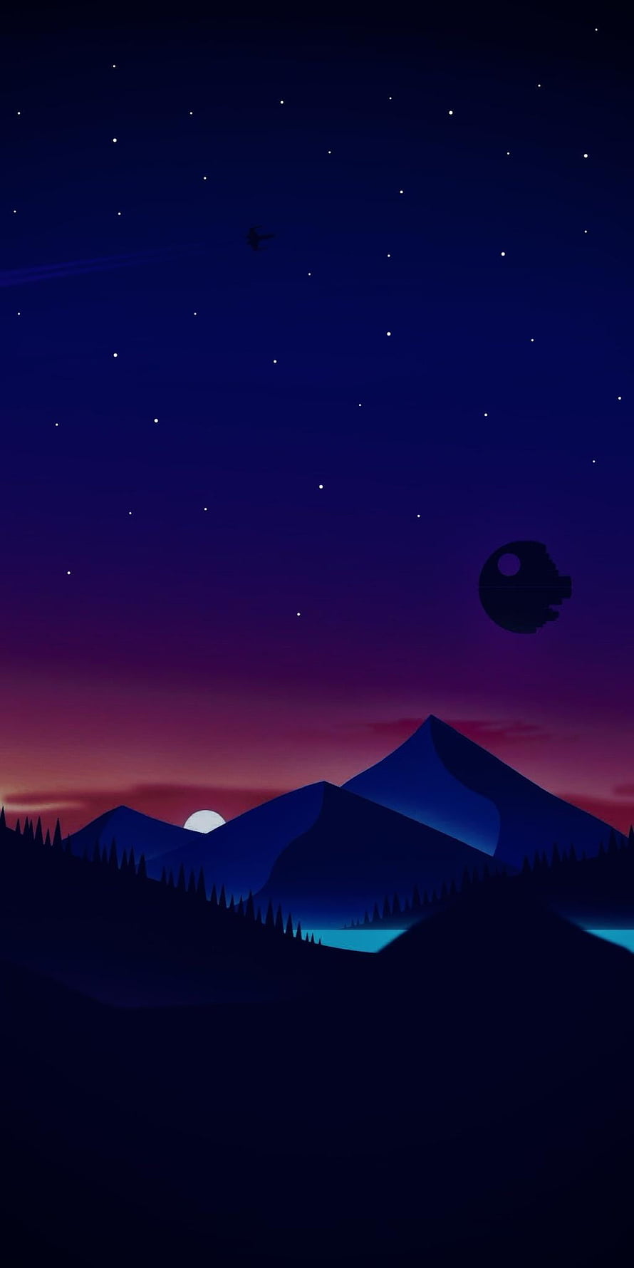 Minimalist Star Wars Night Sky with Death Star and Mountain Silhouette HD phone wallpaper