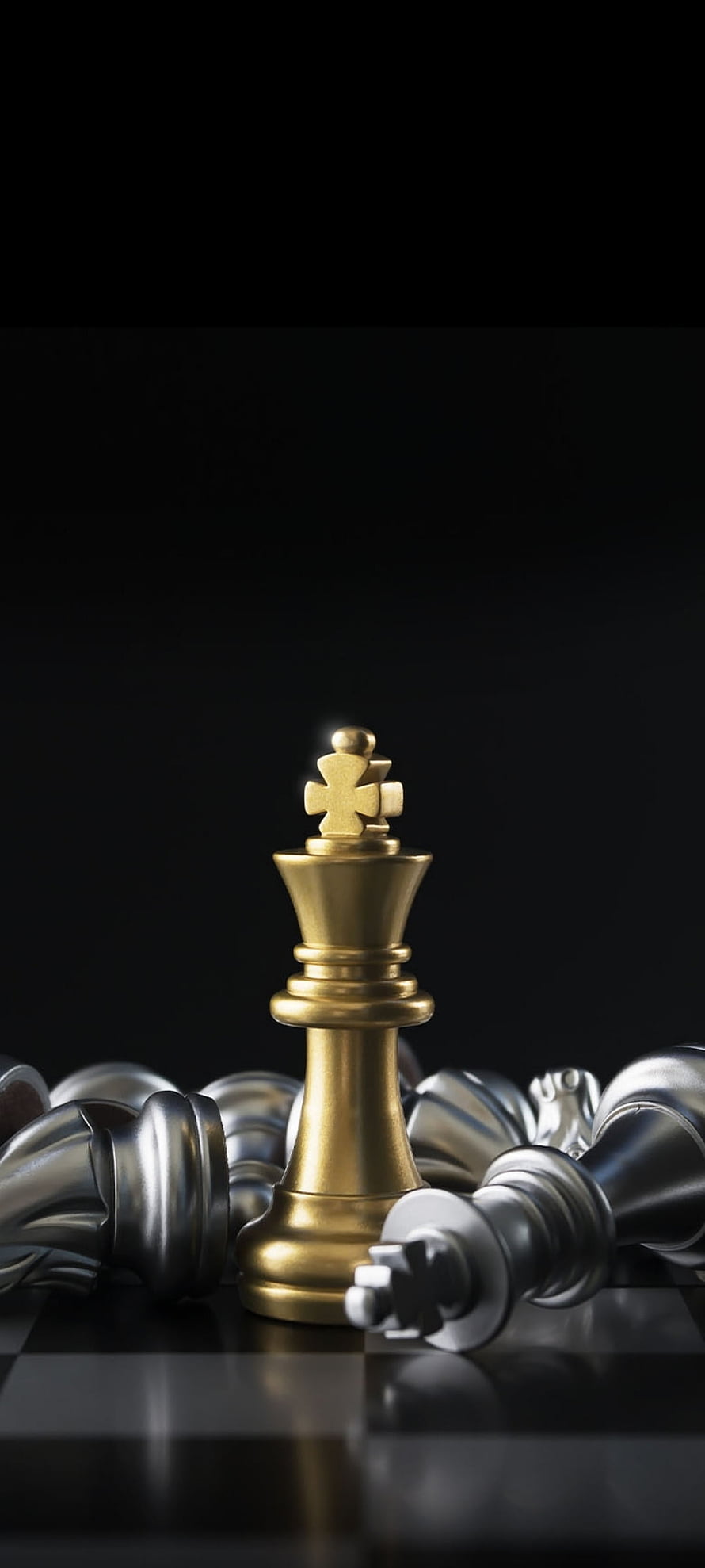 Golden Chess King Standing Upright Among Fallen Silver Pieces on a Dark Board HD phone wallpaper