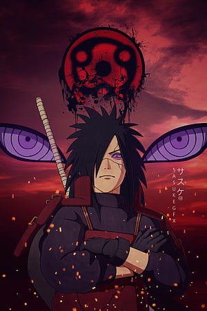 Sasuke Uchiha Anime Character With Sharingan Eyes And Sword Against Red Sky HD phone wallpaper