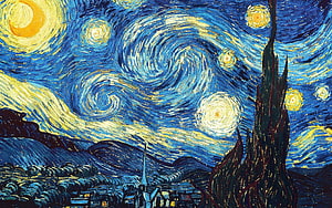 Vincent Van Gogh Starry Night Oil Painting with Swirling Sky and Village Landscape HD wallpaper