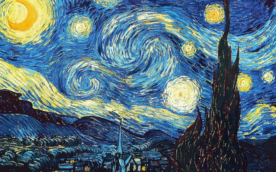 Vincent Van Gogh Starry Night Oil Painting with Swirling Sky and Village Landscape HD wallpaper