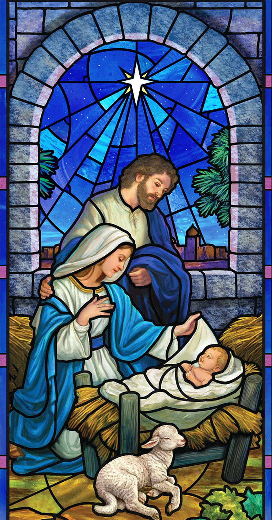 Stained Glass Nativity Scene with Holy Family, Baby Jesus, and Star of Bethlehem HD phone wallpaper