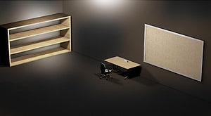 Minimalist Office Interior with Wooden Desk, Shelving Unit, and Cork Board HD wallpaper