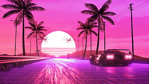 Retro Synthwave Sunset with Neon Grid Road, Palm Trees, and Classic Sports Car HD wallpaper
