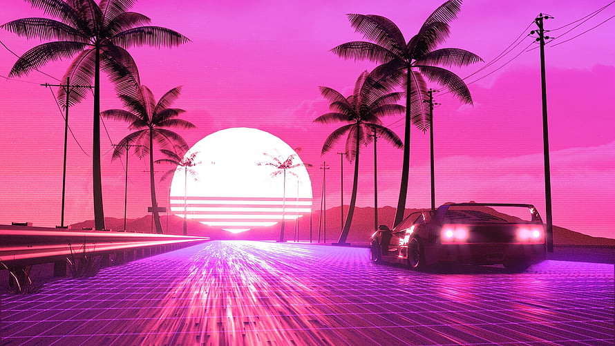 Retro Synthwave Sunset with Neon Grid Road, Palm Trees, and Classic Sports Car HD wallpaper