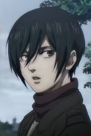 Mikasa Ackerman Anime Character Portrait with Dark Hair and Turtleneck HD phone wallpaper