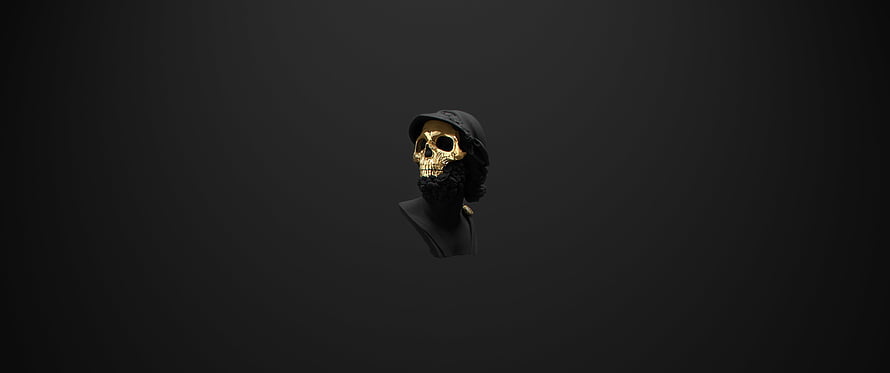 Minimalist Gold Skull Bust with Black Hat and Beard on Dark Background HD wallpaper