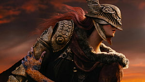 Malenia the Blade of Miquella in ornate armor with red hair against a fiery sunset sky HD wallpaper