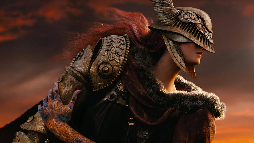 Malenia the Blade of Miquella in ornate armor with red hair against a fiery sunset sky HD wallpaper