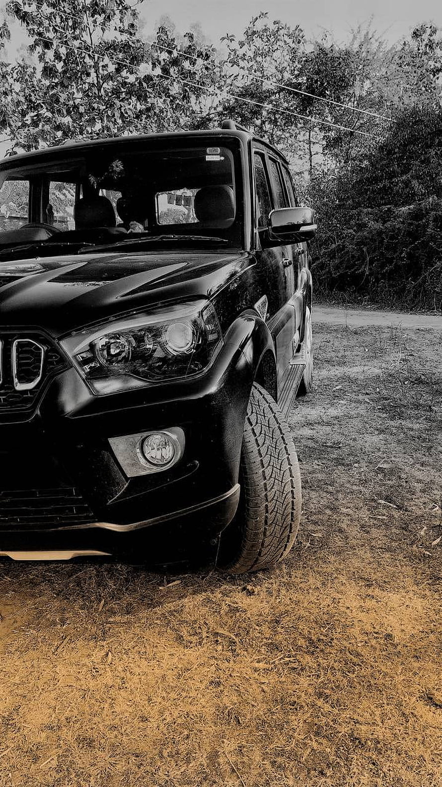 Mahindra Scorpio SUV Parked on Gravel Road in Black and White HD phone wallpaper