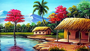 Tropical Indian Village Landscape Painting With Thatched Huts And Colorful Trees HD wallpaper