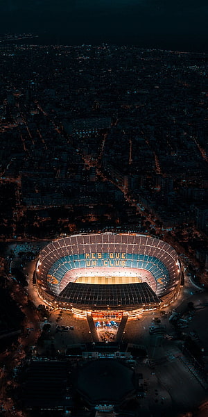 Aerial Night View of Camp Nou Stadium in Barcelona with Illuminated Cityscape HD phone wallpaper