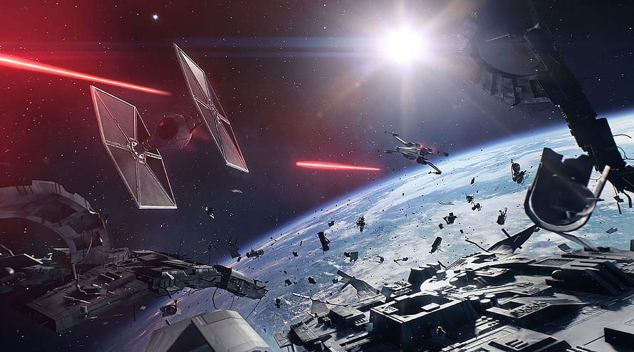 Star Wars TIE Fighter Space Battle Over Planet with Laser Fire and Debris HD wallpaper
