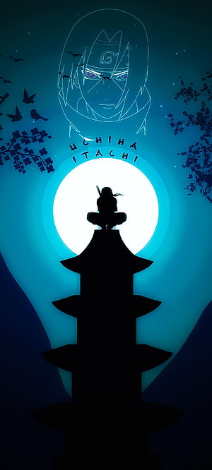 Uchiha Itachi Silhouette on Pagoda Tower Under Full Moon with Sharingan Eyes HD phone wallpaper
