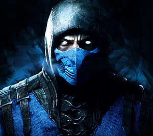 Sub-Zero from Mortal Kombat in a dark hooded ninja outfit with a blue mask and glowing eyes HD wallpaper