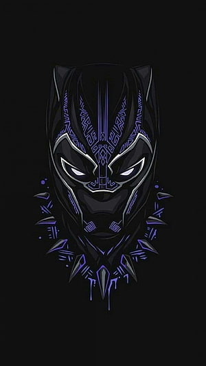 Black Panther Mask Digital Art with Purple Tribal Patterns on Black Background HD phone wallpaper