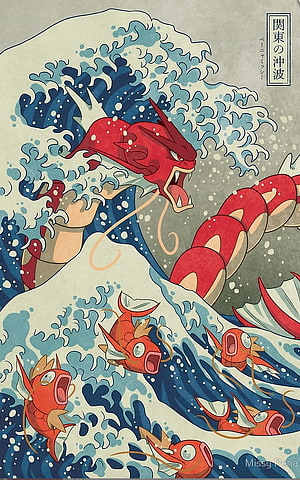 Shiny Gyarados and Magikarp in a Ukiyo-e Style Wave HD phone wallpaper