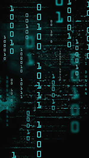 Cyan Binary Code Rain on Dark Glitch Background HD phone wallpaper
