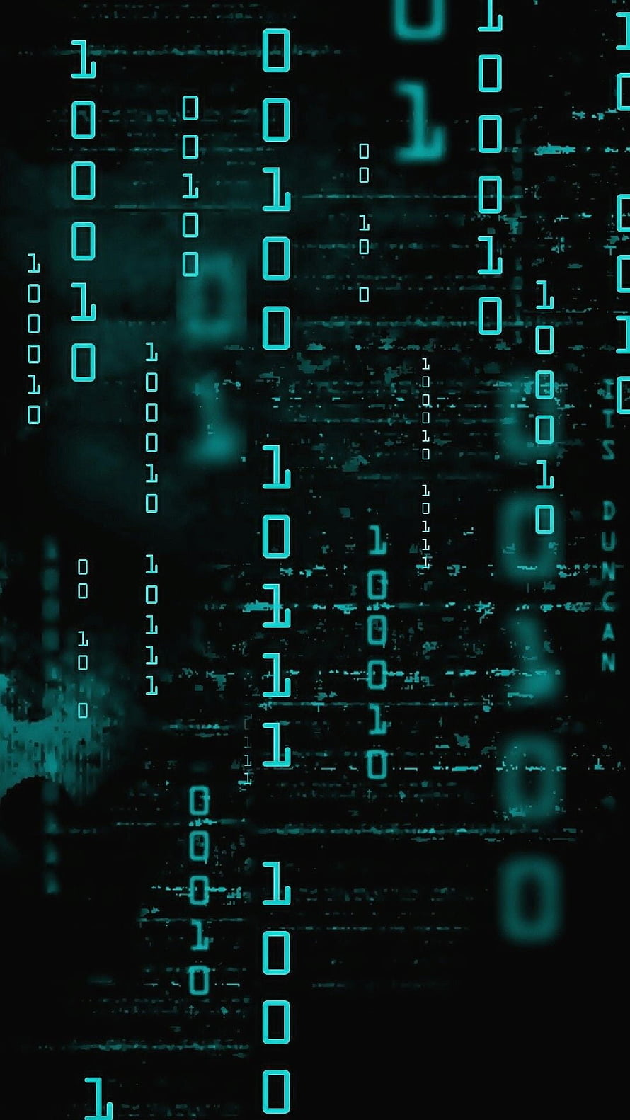 Cyan Binary Code Rain on Dark Glitch Background HD phone wallpaper