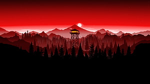 Firewatch Watchtower Silhouette Against Crimson Mountain Sky at Dusk HD wallpaper