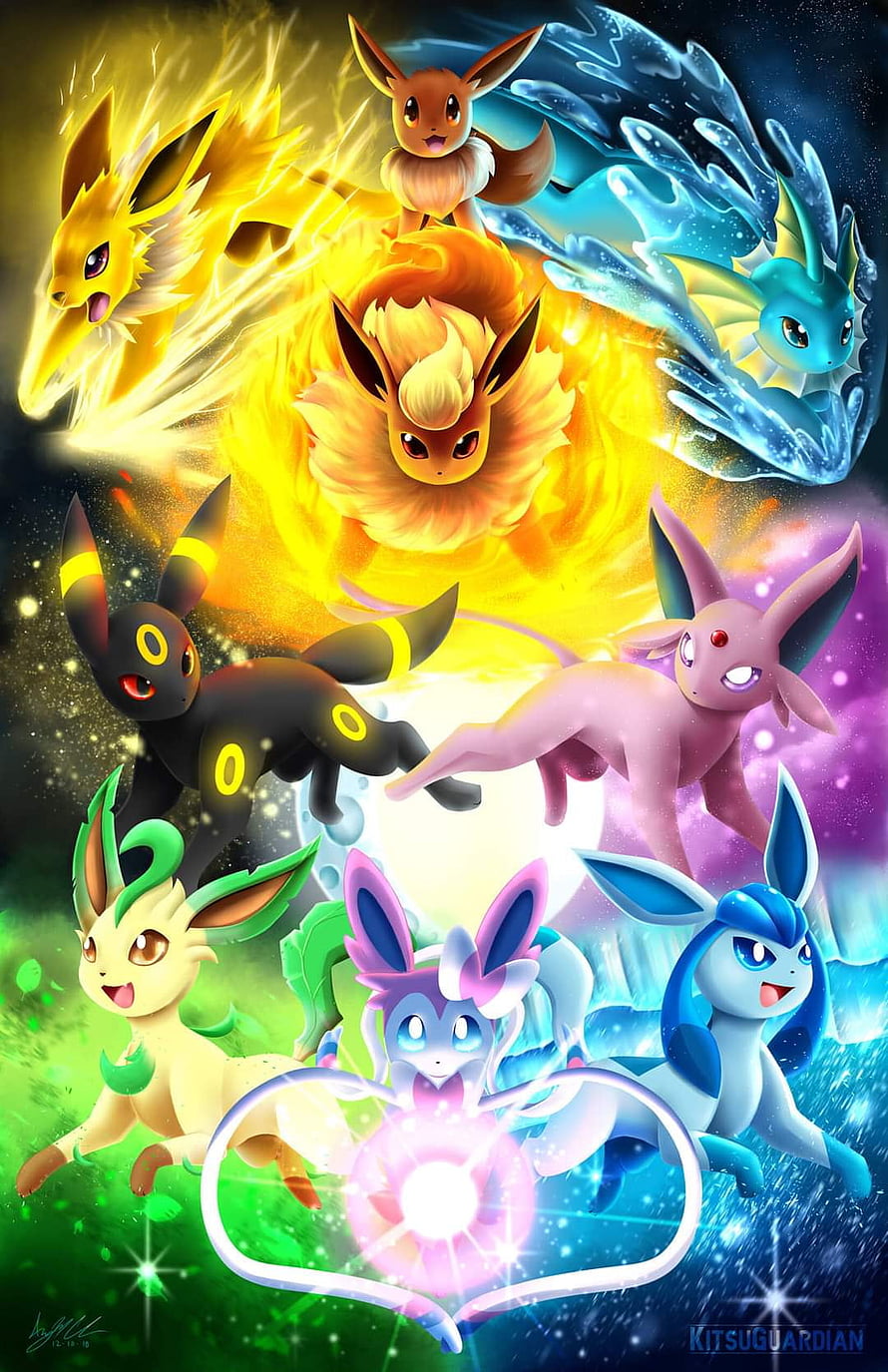 All Eeveelutions and Eevee in Vibrant Elemental Artwork HD phone wallpaper