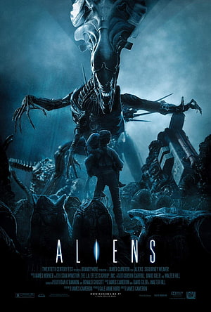 Aliens 1986 Movie Poster Featuring the Xenomorph Queen and Human Figure in Dark Blue Tones HD phone wallpaper