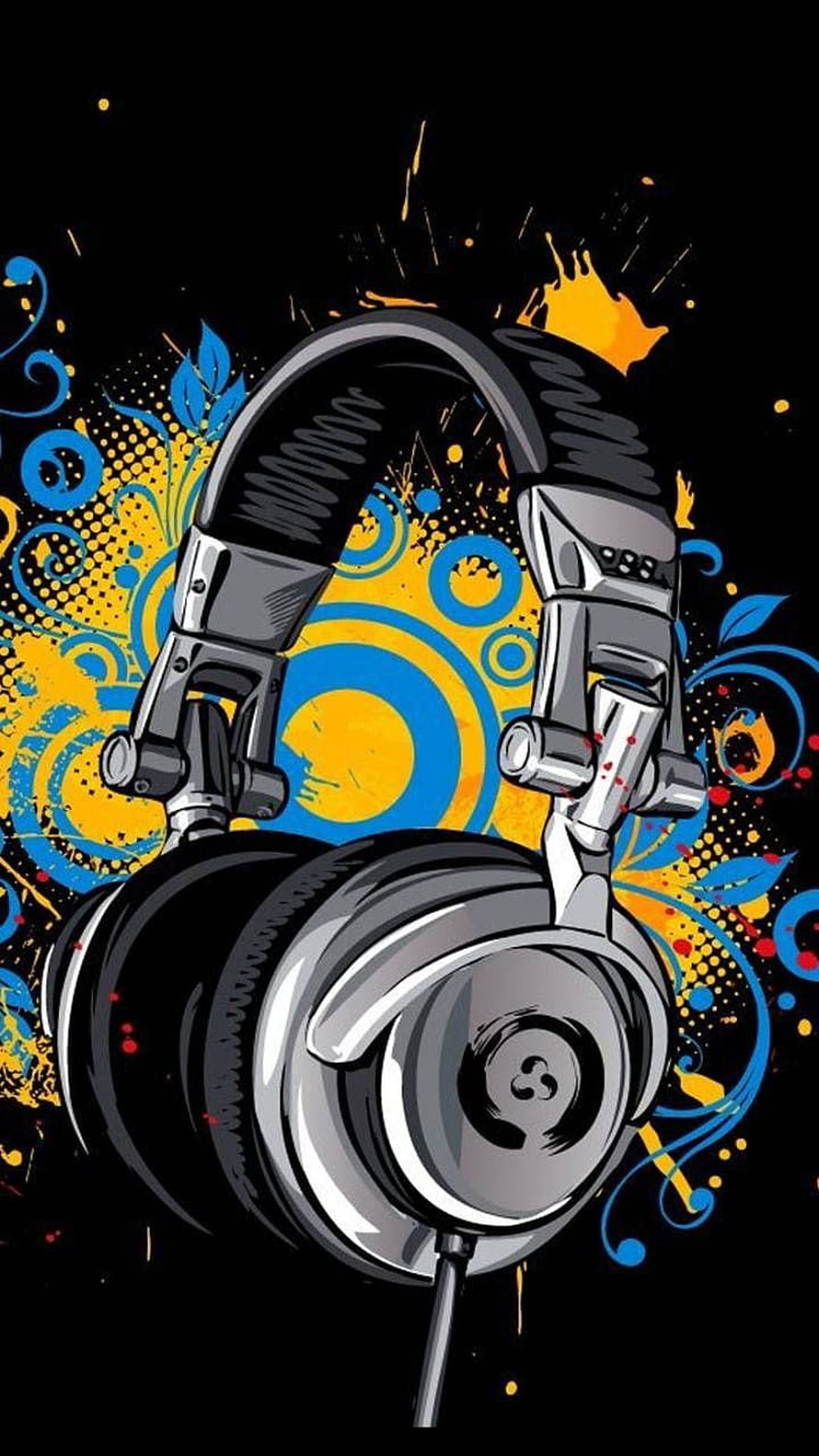 Stylized Over-Ear Headphones with Vibrant Graffiti Splatter and Abstract Swirls on Black Background HD phone wallpaper