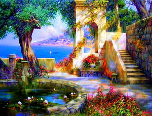Mediterranean Garden Scene with Stone Fountain, Water Lilies, and Coastal View HD wallpaper