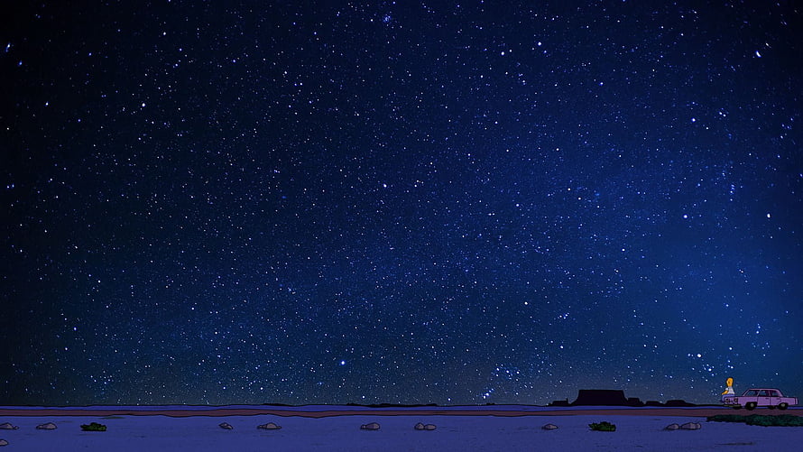 Homer Simpson Staring At Starry Night Sky From Desert Road HD wallpaper