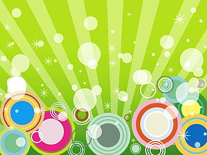 Vibrant Green Abstract Background With Colorful Circles And Sparkling Starbursts HD wallpaper