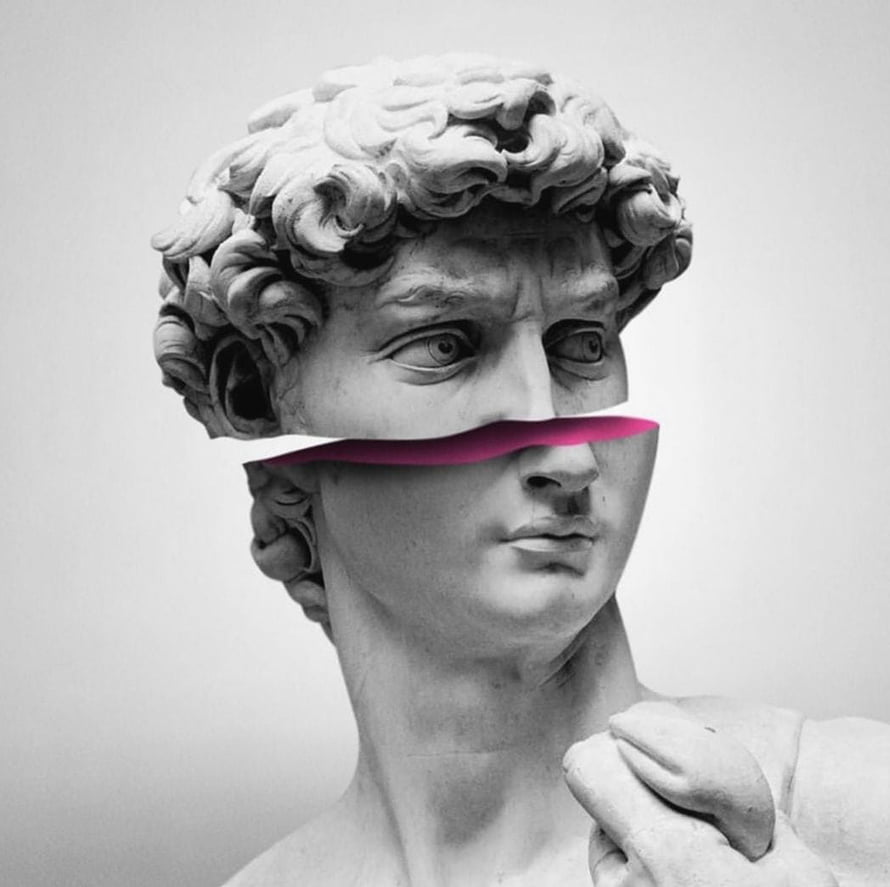 Surreal Classical Sculpture with Pink Geometric Overlay HD wallpaper