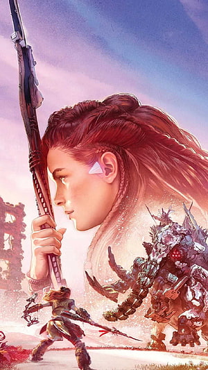 Aloy from Horizon Forbidden West holding a spear facing a mechanical beast in a pink-hued landscape HD phone wallpaper