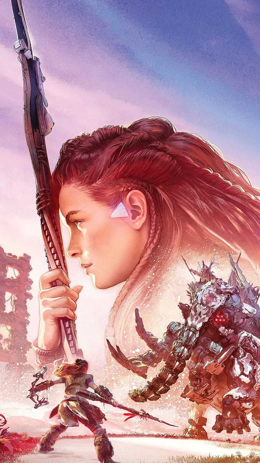 Aloy from Horizon Forbidden West holding a spear facing a mechanical beast in a pink-hued landscape HD phone wallpaper