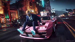 GTA V Character Portrait: Man in Suit on Pink Sports Car in Neon City, ArtStation - GTA V Character portraits, Mikhail Sharov, GTA 5 RP HD wallpaper