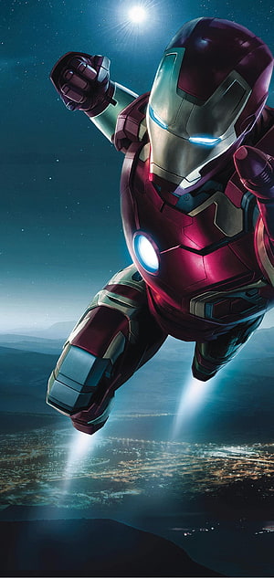 Iron Man Flying Over a City at Night with Glowing Repulsor Jets and Starry Sky, Iron Man S10 Plus, Punch Hole Center HD phone wallpaper