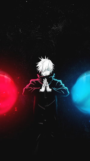 Satoru Gojo Jujutsu Kaisen Anime Character With Red And Blue Energy Orbs HD phone wallpaper