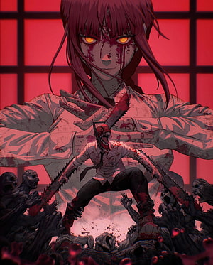 Chainsaw Man Anime Artwork Featuring Blood-Soaked Female Character and Denji in Dark Red Setting, Chainsaw man, naruto, red, magenta, asta, goku, waifu, chains, dbz, anime HD phone wallpaper